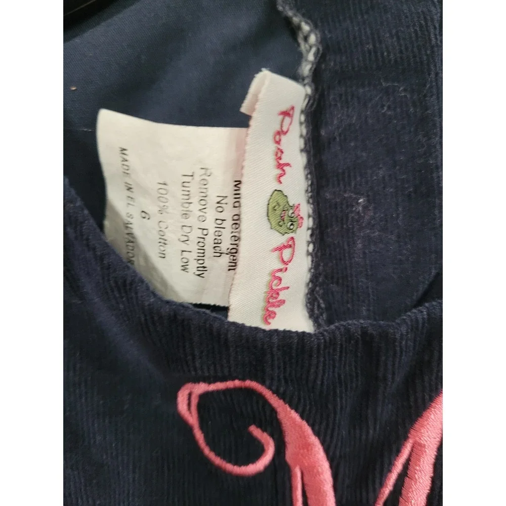 Posh Pickle Girls Navy Blue Pink Corduroy Monogrammed M Jumper Dress Size 6 #7‎